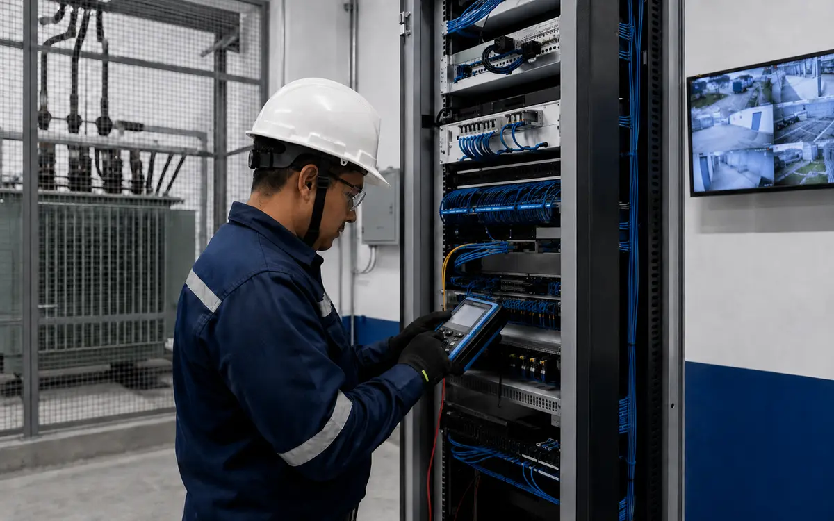 Técnico especializado revisando una instalación tecnológica industrial